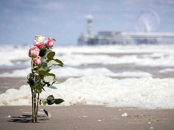 Rosen stecken am Strand von Scheveningen im Sand. Fünf Menschen sind an der niederländischen Küste beim Surfen ums Leben gekommen.
