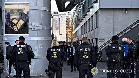Bundespolizisten nehmen die Fußballfans in Empfang und führen Kontrollen durch. Im kleinen Foto snd die Schäden an den Sitzpolstern zu sehen.