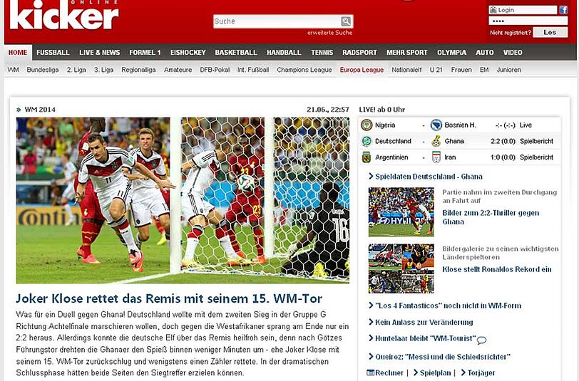 Auch der "kicker" bezeichnet Klose als Retter des deutschen Teams mit seinem 15. WM-Tor.