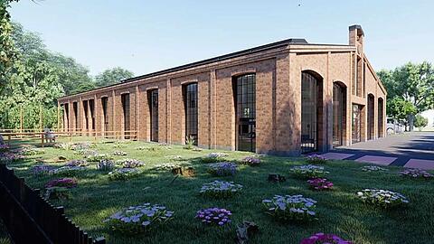 Ein Backsteingebäude, umgeben von Blumenwiesen und Pferdekoppeln. So könnte die Münchner-Kindl-Brauerei im Fasangarten bald aussehen.