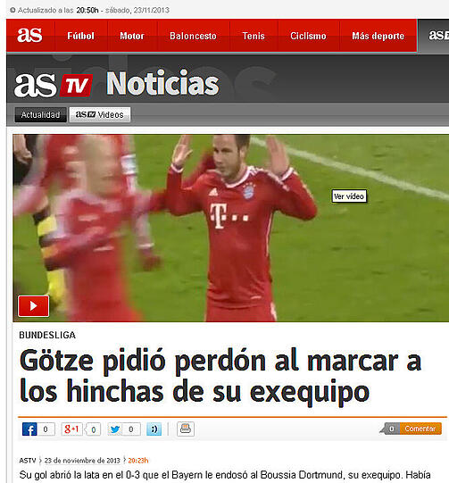 Das spanische Sportportal "AS" titelt: "Götze entschuldigt sich bei den Fans seines Ex-Teams".