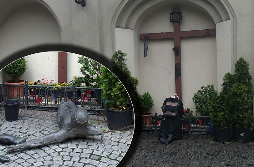 Ein geistig verwirrter Mann hat am Sendlinger Tor die große Jesus-Figur vom Kreuz gerissen und zerstört!