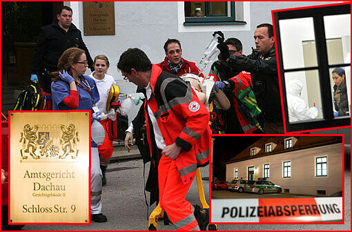Bluttat in Dachau: Ein schwerverletzter 31-jähriger Staatsanwalt wird zum Notarztwagen gebracht. Im Gerichtssaal hatte ein Angeklagter erst auf den Richter gezielt. Dann schoss er drei Kugeln in den Oberkörper des Staatsanwalts. Der Mann stirbt auf dem Weg ins Krankenhaus.