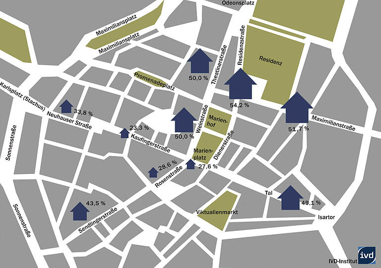 Die Karte zeigt, wo in den letzten 10 Jahren die meisten Ladenmieter gewechselt haben. Je größer das blaue Haus, desto mehr verändert sich.