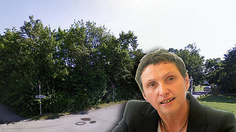 Sportreferentin Beatrix Zurek (SPD). Im Hintergrund: Die Einfahrt zum Gelände des Münchner SC in der Lerchenau.