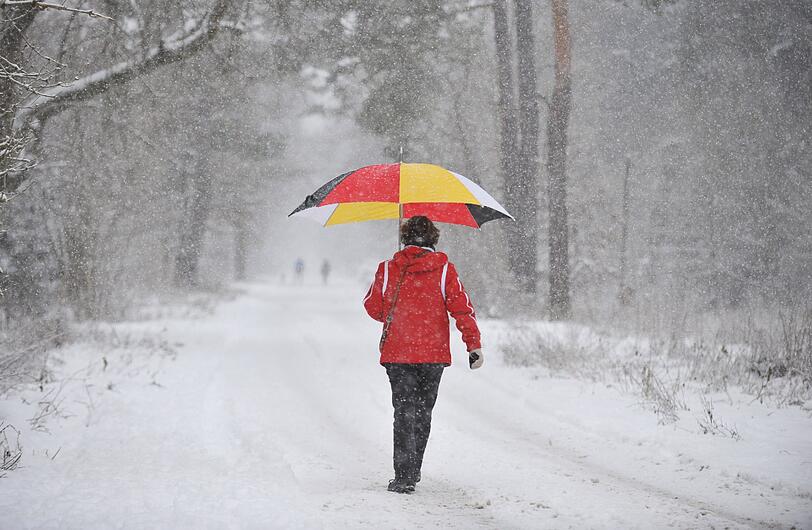 Mit einem Regenschirm versucht sich diese Frau in Fasangarten vor dem Schneegestöber zu schützen.
