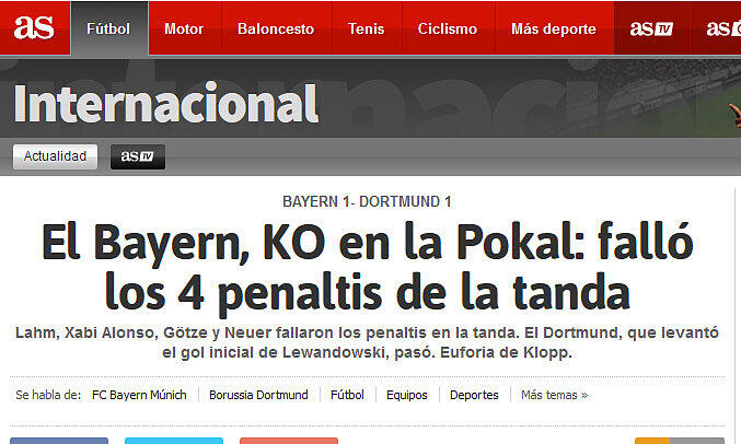 As.com (Spanien): "Bayern-K.O. im Pokal: Vier Elfmeter hintereinander verschossen"