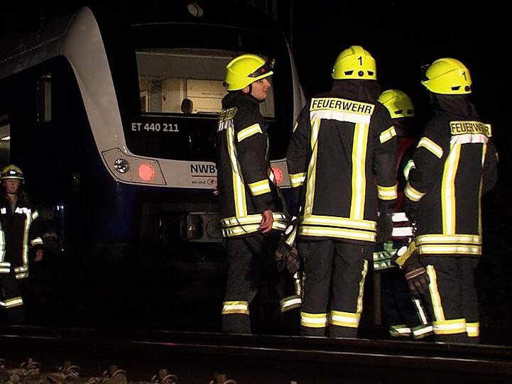 Feuerwehrleute an einem durch umgestürzte Bäume aufgehaltenen Zug auf der Strecke zwischen Bremen und Hannover.