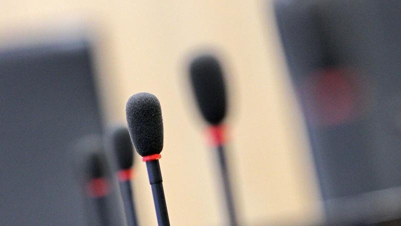Mikrofone sind in einem Saal aufgerichtet. Foto: Fredrik von Erichsen/Archivbild