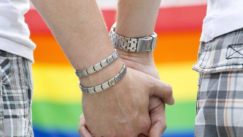 Zwei schwule Männer halten sich auf dem Straßenfest zum Christopher Street Day an den Händen. Zwei schwule Männer halten sich auf dem Straßenfest zum Christopher Street Day an den Händen.