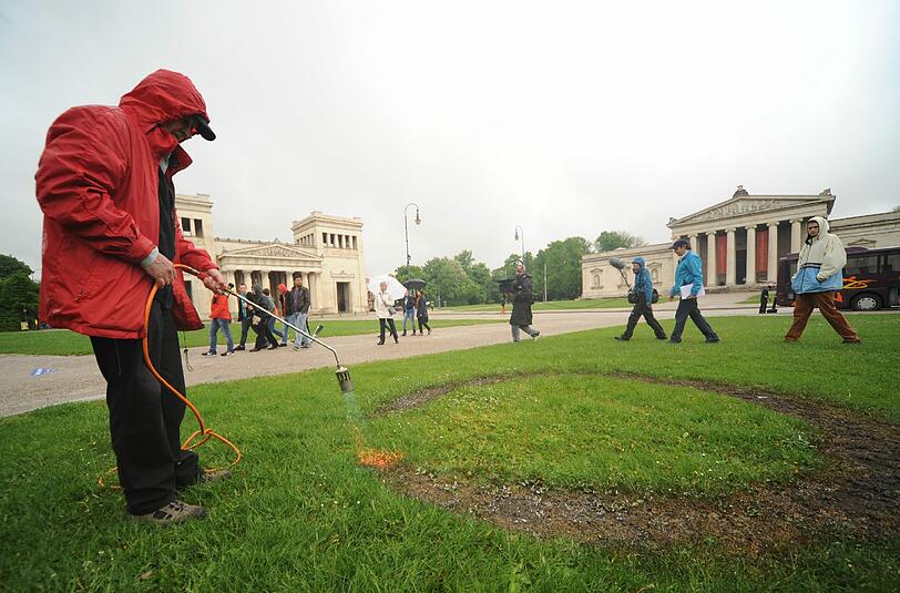 80 Jahre danach: Der Münchner Aktionskünstler Wolfram Kastner macht einen Brandfleck auf den Rasen am Königsplatz. Zum 81. Jahrestag wird eine Lesung am Odeonsplatz veranstaltet.