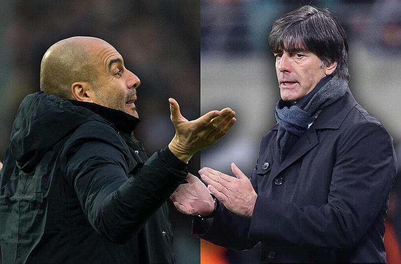 Laut Medienberichten steht Pep Guardiola (l.) kurz vor dem Absprung beim FC Bayern. Kommt jetzt Bundestrainer Jogi Löw?