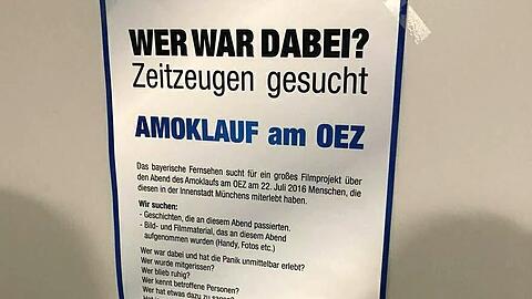 Mit diesem Plakat suchte die Produktionsfirma Südkino nach Zeitzeugen des Amoklaufs in München.