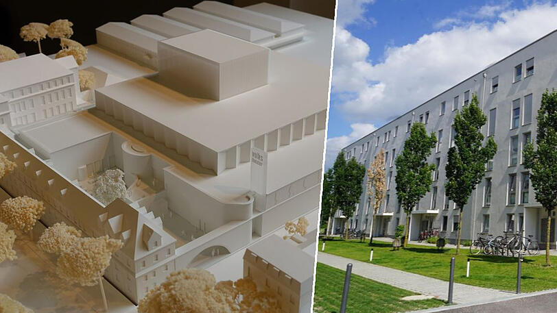 Vom neuen Volkstheater im ehemaligen Viehhof (Modell links) dürfte 2019 schon mehr zu sehen sein. In Freiham (rechts) entsteht weiterer Wohnraum.