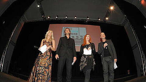 Die Moderatorin Tina Kaiser (l-r) und die Jurymitglieder Produzent Max Wiedemann, Schauspielerin Andrea Sawatzki und Schauspieler Christian Berkel