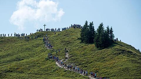 Teilnehmer bei der Hauptalmbegehung gehen vom Gipfel des Baumgartenschneids herunter. Foto: Lino Mirgeler/Archiv