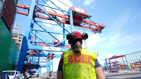 Eine Zollbeamtin steht neben einem Containerschiff im Hamburger Hafen.
