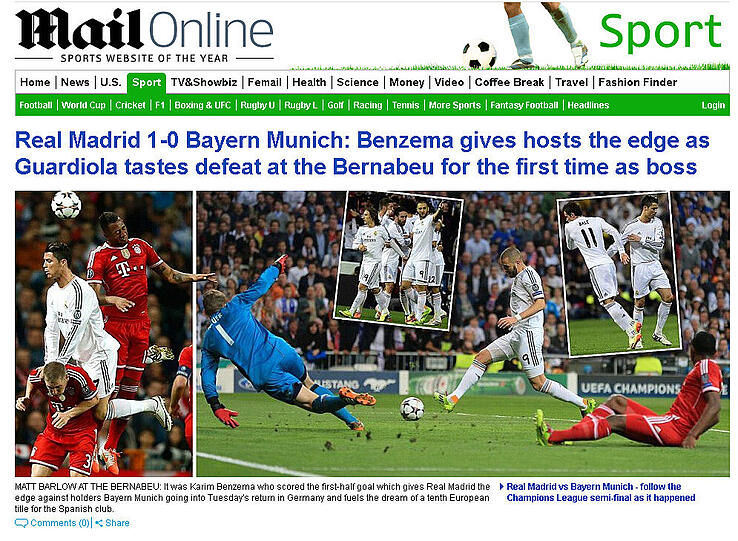 dailymail.co.uk: "Benzema entscheidet das Spiel für die Gastgeber, während Guardiola zum erstenmal im Bernabeau als Trainer verliert"
