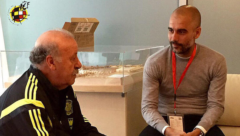 In regem Austausch: Bayern-Coach Pep Guardiola (rechts) und Spaniens Nationaltrainer Vicente del Bosque. In regem Austausch: Bayern-Coach Pep Guardiola (rechts) und Spaniens Nationaltrainer Vicente del Bosque.