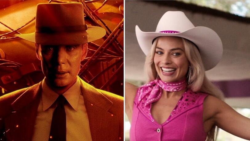 Au&szlig;er der Vorliebe f&uuml;r H&uuml;te wenig Gemeinsamkeiten: Cillian Murphy als Robert Oppenheimer und Margot Robbie als fleischgewordene Plastikpuppe Barbie.