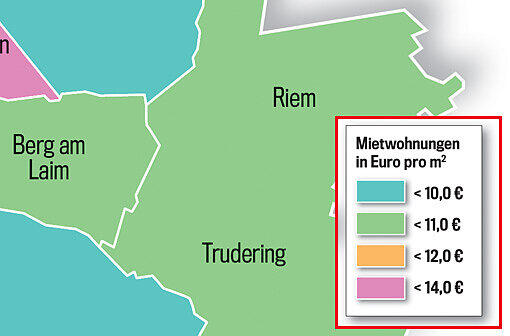 So teuer ist Wohnen in München! Die Münchner Stadtviertel sind in dieser Grafik je nach Quadratmeterpreis eingefärbt. Klicken Sie einfach durch die Quartiere.