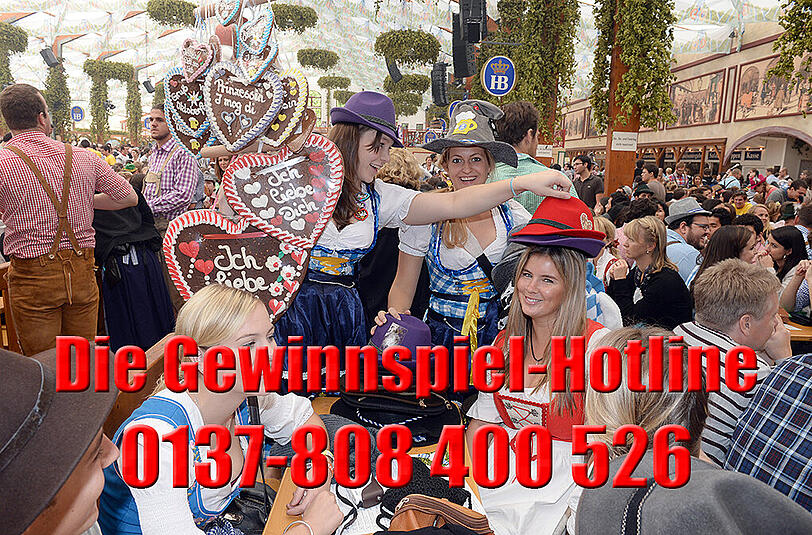 Hofbräu-Festzelt 2Sonntag, 21. September: 16 bis 22.30 Uhr, zehn Plätze im Mittelschiff, inklusive einer Maß und einem Hendl pro Person. Die Gewinnspiel-Rufnummer: 0137-808 400 526