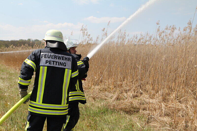Mit einer Löschkette kämpften ein Feuerwehrmänner gegen die Feuerwalze, die sich durch das Schilf fraß.