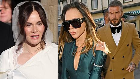 Die Braut Holly Ramsay (l.) hatte sich mit einem langen Umhang gegen die K&auml;lte gesch&uuml;tzt. Victoria und David Beckham z&auml;hlten zu den prominenten G&auml;sten.