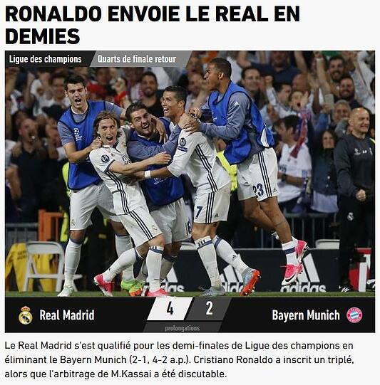 Auch für die französische Zeitung "L?équipe" war Ronaldo fürs Weiterkommen verantwortlich: "Ronaldo schickt Real in den Halbfinal". Für die Zeitung war die Leistung von Kassai diskussionswürdig.