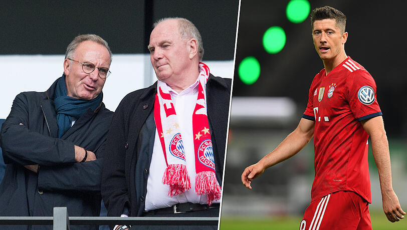 Überschlugen sich in den letzten Monaten mit Aussagen über einen möglichen Transfer: Karl-Heinz Rummenigge (l.), Uli Hoeneß (m.) und Robert Lewandowski.