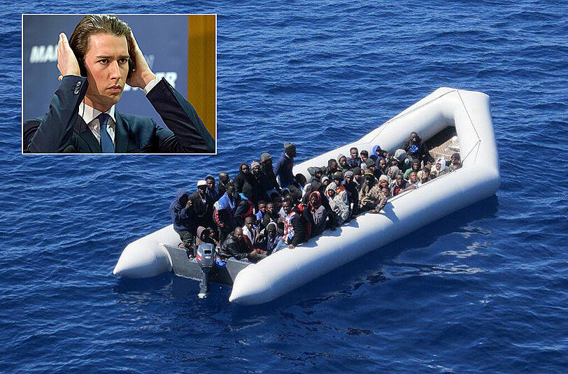 Österreichs Außenminister Sebastian Kurz (kl. Bild) will Bootsflüchtlinge notfalls auf Inseln internieren lassen.