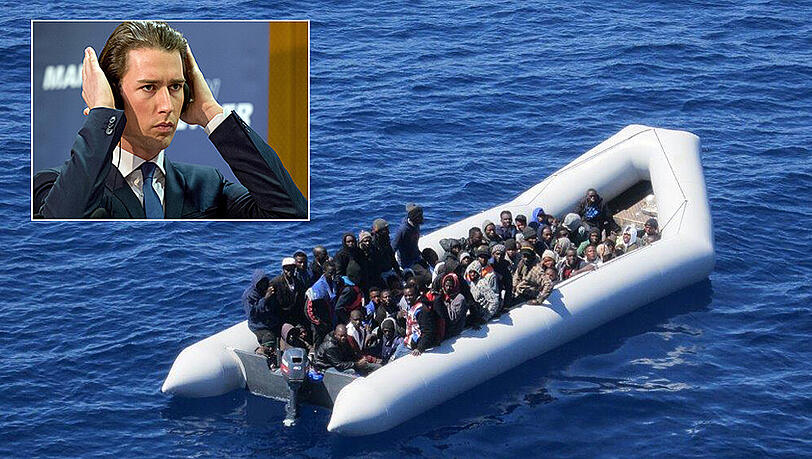 Österreichs Außenminister Sebastian Kurz (kl. Bild) will Bootsflüchtlinge notfalls auf Inseln internieren lassen. Österreichs Außenminister Sebastian Kurz (kl. Bild) will Bootsflüchtlinge notfalls auf Inseln internieren lassen.
