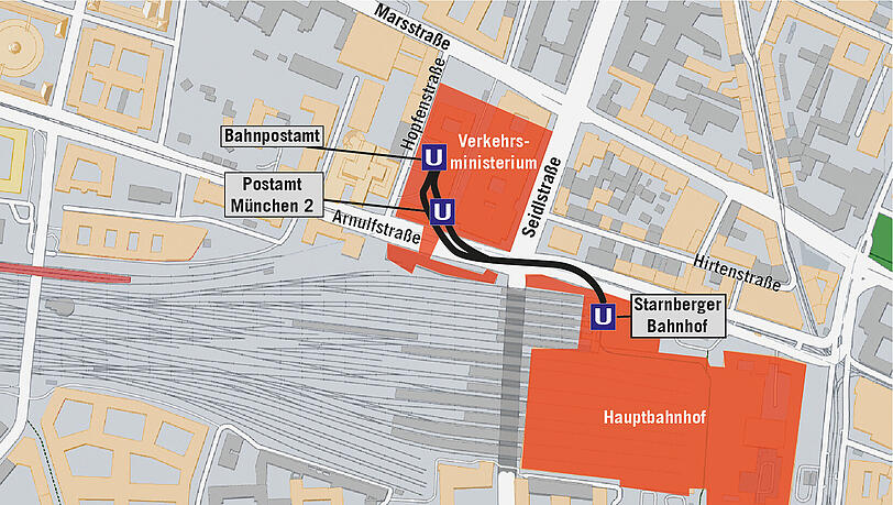 Die Grafik zeigt die Strecke der Post-U-Bahn mit den Ein- und Ausladestationen.
