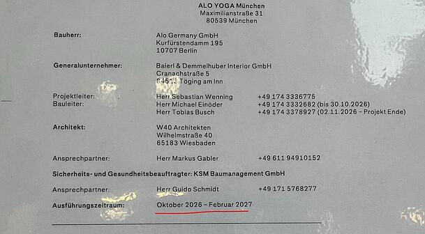 Die Bauarbeiten sollen noch bis Februar 2027 andauern, kurz danach wird der Alo-Flagship-Store in München eröffnet. Die Bauarbeiten sollen noch bis Februar 2027 andauern, kurz danach wird der Alo-Flagship-Store in München eröffnet.