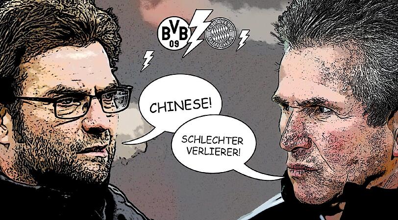 BVB-Coach Jürgen Klopp und Heynckes zoffen sich am 1.3.: Klopp hatte Bayern vorgeworfen, sein Spielsystem kopiert zu haben &ndash; wie die &bdquo;Chinesen!&ldquo; &ndash; Heynckes, der eine Woche vorher sein 1000. Ligaspiel feierte, reagiert: &bdquo;Schlechter Verlierer!&ldquo;