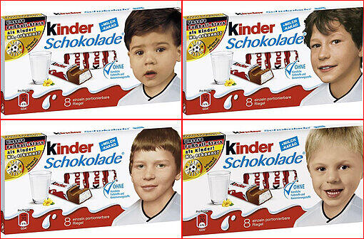 Auch Kinderschokolade von Ferrero wirbt im WM-Outfit. Welche aktuellen und ehemaligen DFB-Stars verstecken sich hinter diesen niedlichen Kinderbildern?
