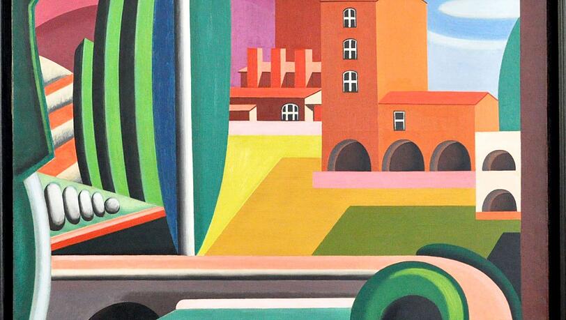 Die einen malen abstrakt, Auguste Herbin wieder gegenständlich. Hier seine „Composition à la maison rouge“ (Landschaft mit rotem Haus), 1925