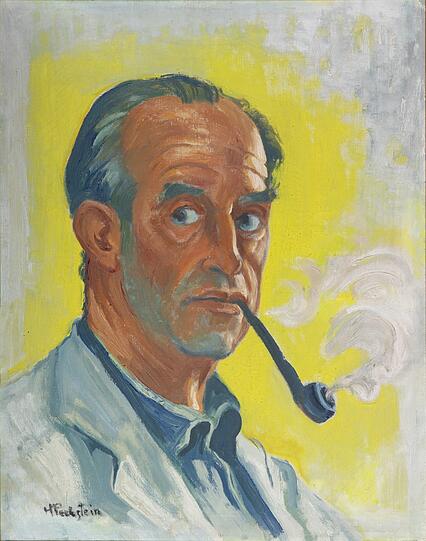Der neugierige Blick täuscht nicht. Vor allem lässt sich Max Pechstein nicht unterkriegen, selbst nach dem Zweiten Weltkrieg und der Zerstörung seines Ateliers fängt einfach wieder an. Hier hat er sich 1946 mit Pfeife gemalt.