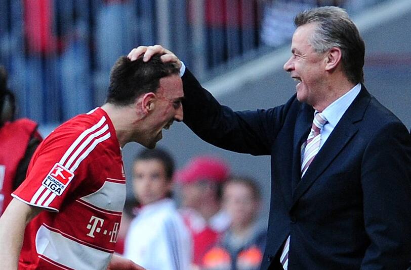 Zusammen Deutscher Meister mit dem FC Bayern in der Saison 2007/2008: Franck Ribéry und Ottmar Hitzfeld (r.).