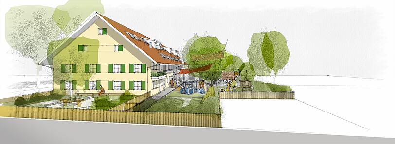 So soll das Minihaus im Bognerhof in naher Zukunft aussehen - mit üppig begrüntem Garten und Klettertraktor. Schon ab Juni werden in der Krippe mit Kindergarten die ersten Mädchen und Buben betreut.