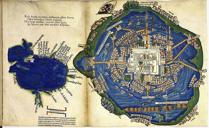 Sogar ein Plan von Tenochtitlán und des Golfs von Mexiko ist 1524 in Nürnberg mit viel kostbarem Lapislazuli von Friedrich Peypus geschaffen worden - in diesem Fall für Hernan Cortes‘ „Praeclara Ferdinandi Cortesii de Nova maris Oceani Hyspania Narratio“.