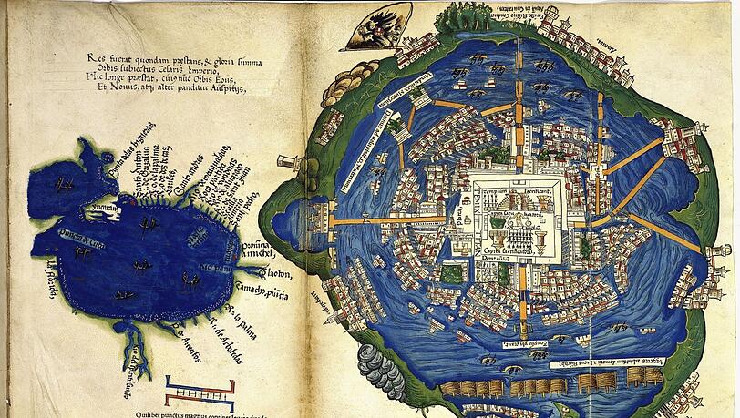 Sogar ein Plan von Tenochtitlán und des Golfs von Mexiko ist 1524 in Nürnberg mit viel kostbarem Lapislazuli von Friedrich Peypus geschaffen worden - in diesem Fall für Hernan Cortes‘ „Praeclara Ferdinandi Cortesii de Nova maris Oceani Hyspania Narratio“.