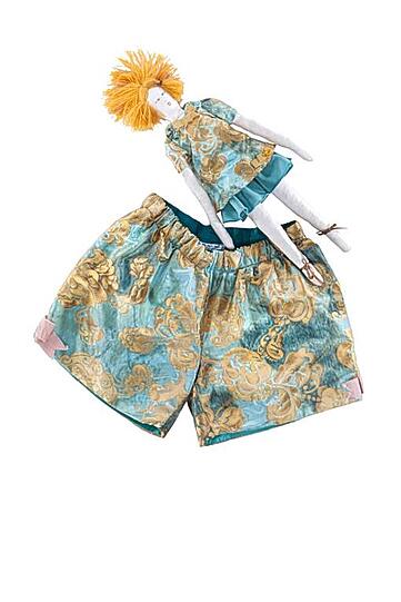 Short aus türkis/goldenem Brokat mit Puppe im gleichen Kleid, MIMISOL