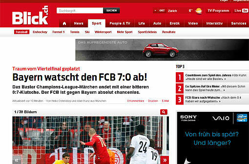 blick.ch: "Traum vom Viertelfinale geplatzt. Bayern watscht den FCB 7:0 ab! Das Basler Champions-League-Märchen endet mit einer bitteren 0:7-Klatsche."