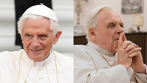 Papst Benedikt XVI. (l.) und Anthony Hopkins als eben dieser im Netflix-Film "Die zwei Päpste"