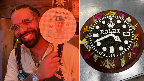 Das Team von Feinkost-König Michael Käfer fertigte auf besonderen Wunsch eine Kaviar-Torte mit "Rolex"-Aufschrift und typischem Zifferblatt an. Diese wurde an den Wiesn-Tisch mit US-Superstar Drake gebracht.