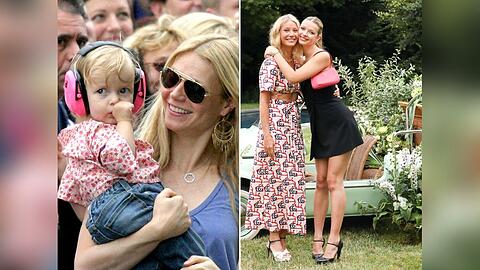 Schon früh im Rampenlicht: Apple Martin mit ihrer berühmten Mama Gwyneth Paltrow - links als Zuschauerin beim "Live 8"-Konzert ihres Vaters Chris Martin 2005 im Londoner Hyde Park, rechts bei einem Dinner in den Hamptons.