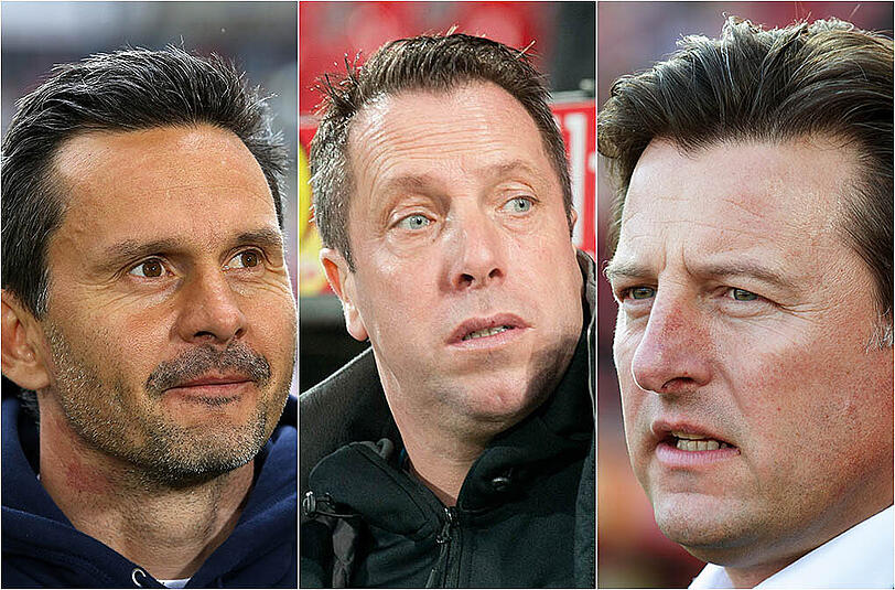 Wer schafft den Sprung in Liga 1? Dirk Schuster (Darmstadt 98), Markus Kauczinski (Karlsruher SC) oder Kosta Runjaic (1. FC Kaiserslautern) (v.l.).