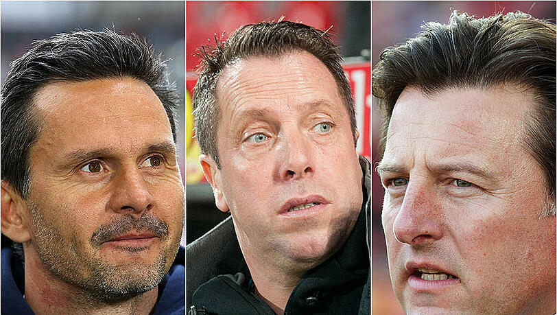 Wer schafft den Sprung in Liga 1? Dirk Schuster (Darmstadt 98), Markus Kauczinski (Karlsruher SC) oder Kosta Runjaic (1. FC Kaiserslautern) (v.l.). Wer schafft den Sprung in Liga 1? Dirk Schuster (Darmstadt 98), Markus Kauczinski (Karlsruher SC) oder Kosta Runjaic (1. FC Kaiserslautern) (v.l.).