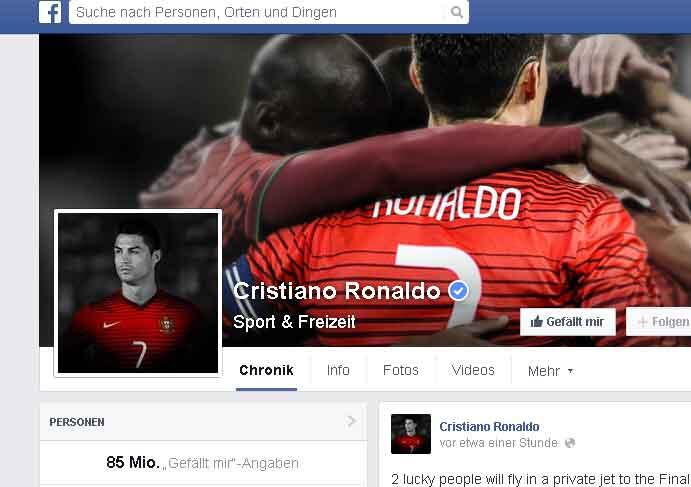 Facebook-Weltmeister: In den sozialen Netzwerken liegt Ronaldo vor seinen Konkurrenten. Er hat bei Twitter (@cristiano) 27 Millionen Follower. Seine Facebook-Seite zählt über 85 Millionen Fans.